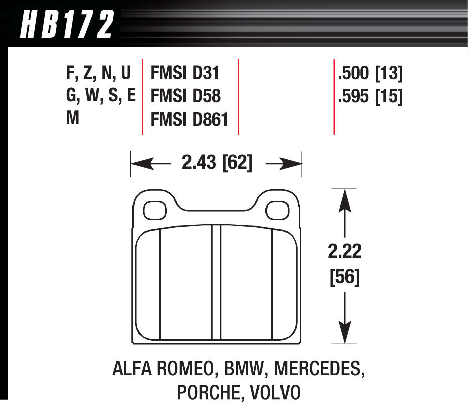 Hawk Performance HB172E595 Brake Pads, Blue 9012 Compound, Intermediate Torque, Low Temperature, Front / Rear, Alfa Romeo / Porsche / Saab / Volvo 1964-2000, Set of 4