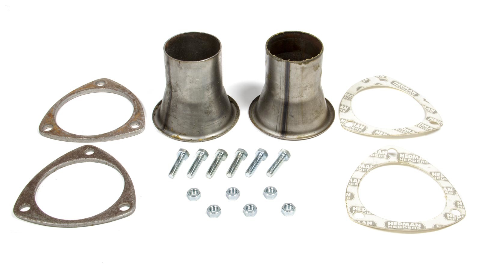 Collector Reducer - Husler Race - 3.5 in Inlet to 2.5 in OD Outlet - 3-Bolt Flange - Gaskets - Steel - Natural - Pair