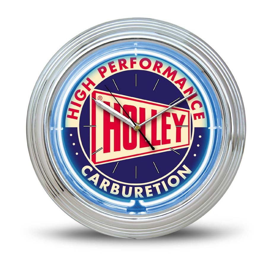 Holley Retro Logo Neon Clock 10004HOL Wall Clocks, Neon, Analog, Logo, Blue/Red/White Face, Chrome Bezel, 10 in. Diameter, Each thumbnail 2