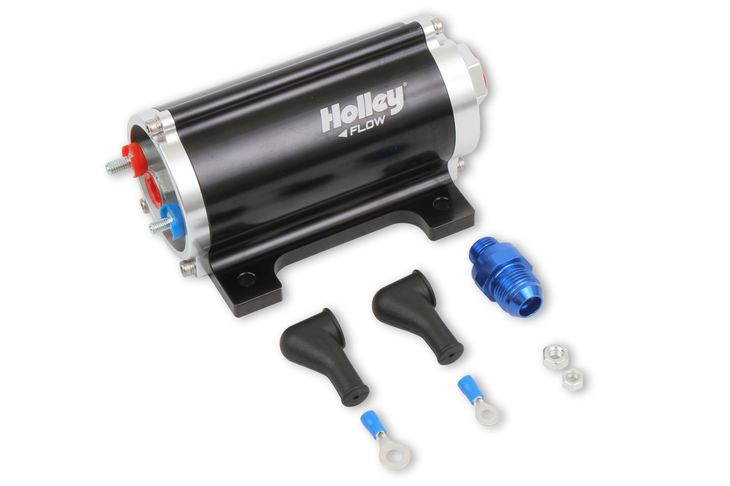 Fuel Pump - Electric - In-Line - 100 gph at 8 psi - 8 AN O-Ring Female Inlet - 6 AN O-Ring Female Outlet - Bracket Included - Aluminum - Black Anodized - E85 / Diesel / Gas - Each