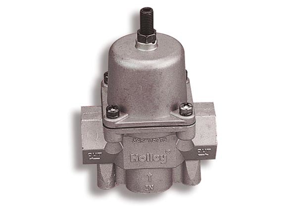 Holley 12-704 Fuel Pressure Regulator, 4-1/2 to 9 psi, In-Line, 1/2 in NPT Inlet, 1/2 in NPT Outlet, Fittings Included, Aluminum, Polished, E85 / Gas / Methanol, Each