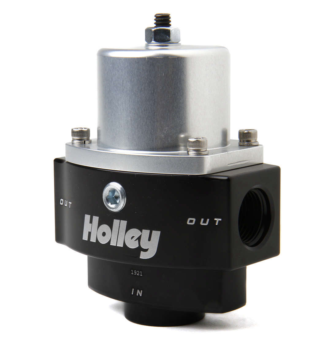Holley 12-843 Fuel Pressure Regulator, HP Billet, 4.5 to 9 psi, In-Line, 10 AN O-Ring Inlet, Dual 8 AN O-Ring Outlets, Aluminum, Black Anodized, Gas, Each