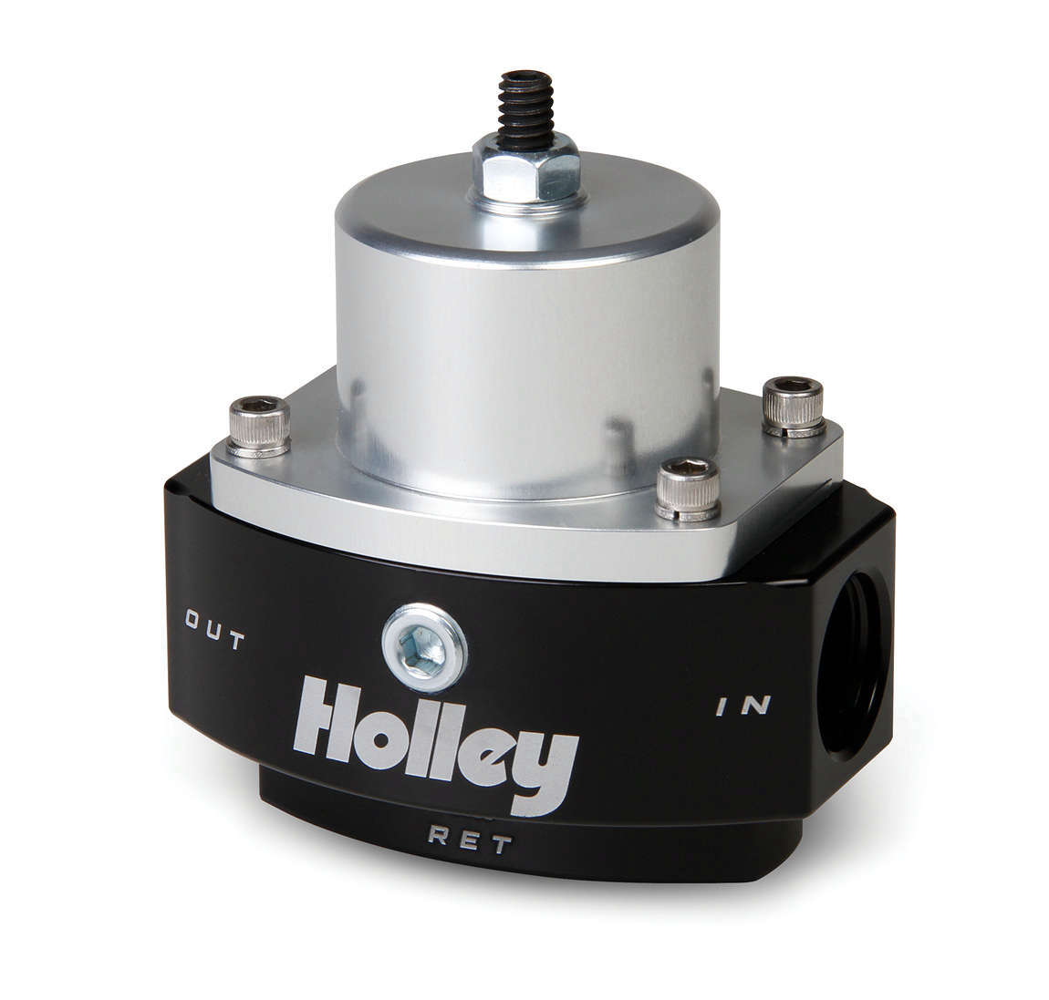 Holley 12-845 Fuel Pressure Regulator, HP Billet, 4.5 to 9 psi, In-Line, 8 AN Female O-Ring Inlet, 8 AN Female O-Ring Outlet, 6 AN Female O-Ring Return, 1/8 in NPT Port, Bypass, Aluminum, Black / Clear Anodized, Diesel / E85 / Gas, Each