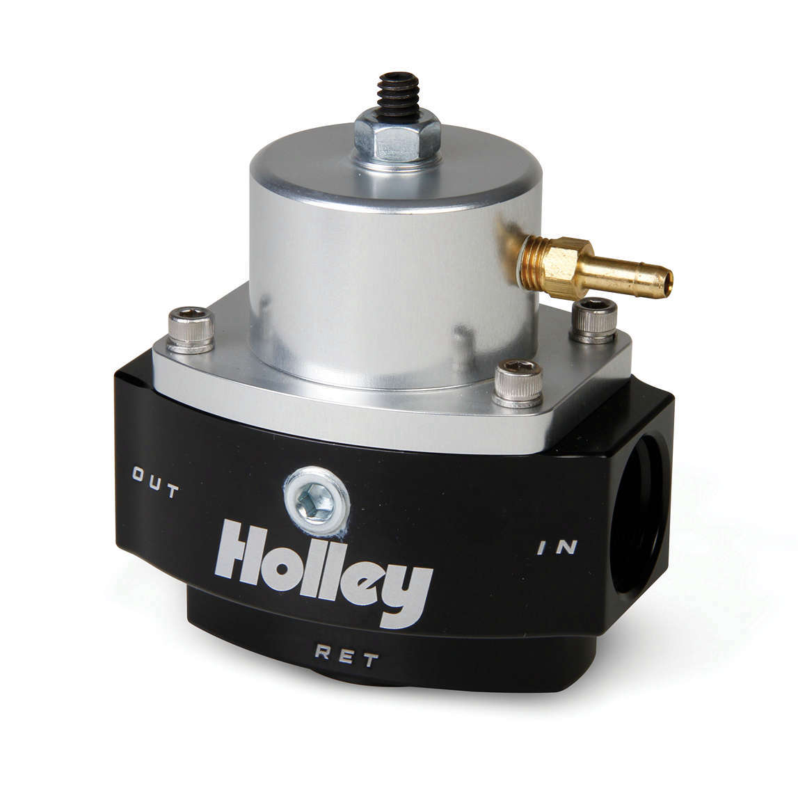 Holley 12-848 Fuel Pressure Regulator, Dominator Billet, 15 to 65 psi, In-Line, 10 AN Female O-Ring Inlet, 10 AN Female O-Ring Outlet, 8 AN O-Ring Return, 1/8 in NPT Port, Bypass, Aluminum, Black / Clear Anodized, Diesel / E85 / Gas, Each
