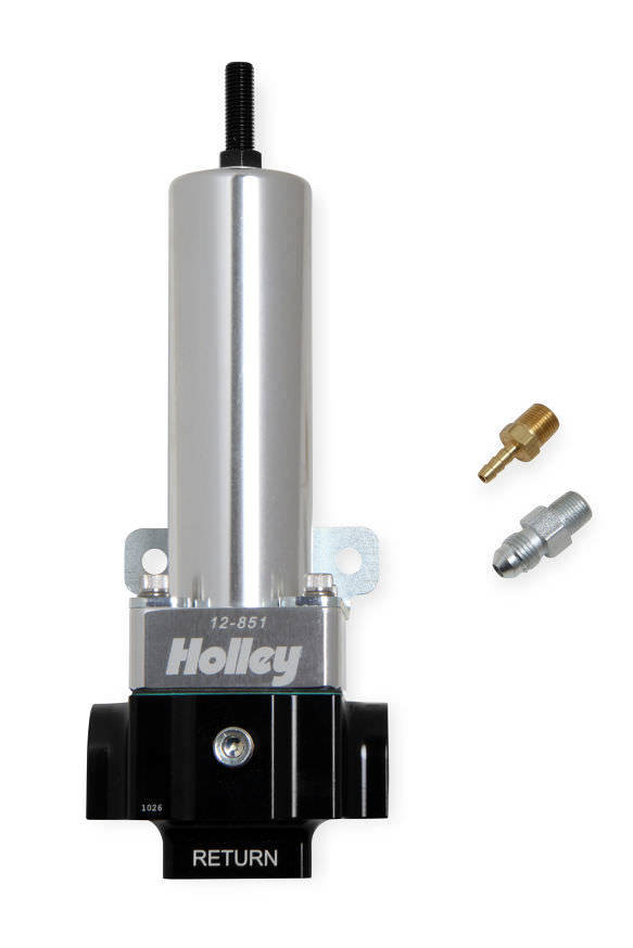 Holley 12-851 Fuel Pressure Regulator, 2-Port VR Series, 40 to 100 psi, In-Line, 10 AN Female O-Ring Inlet, 10 AN Female O-Ring Outlet, 10 AN Female O-Ring Return, 1/8 in NPT Port, Fittings Included, Black / Clear Anodized, E85 / Gas / Methanol, Each