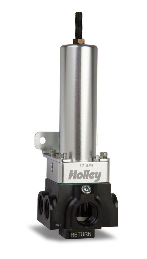 Holley 12-864 Fuel Pressure Regulator, 4-Port VR Series, 40 to 100 psi, In-Line, 10 AN Female O-Ring Inlet, Four 8 AN Female O-Ring Outlets, 10 AN Female O-Ring Return, 1/8 in NPT Port, Fittings Included, Black / Clear Anodized, E85 / Gas / Methanol, Each
