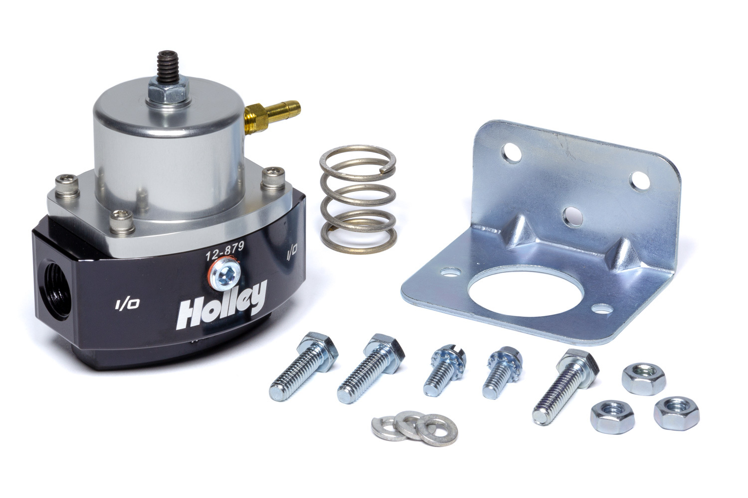 Holley 12-879 Fuel Pressure Regulator, HP Billet, 4 to 65 psi, In-Line, 3/8 in NPT Inlet, 3/8 in NPT Outlet, 3/8 in NPT Return, 1/8 in NPT Port, Bypass, Aluminum, Black / Clear Anodized, Diesel / E85 / Gas, Each