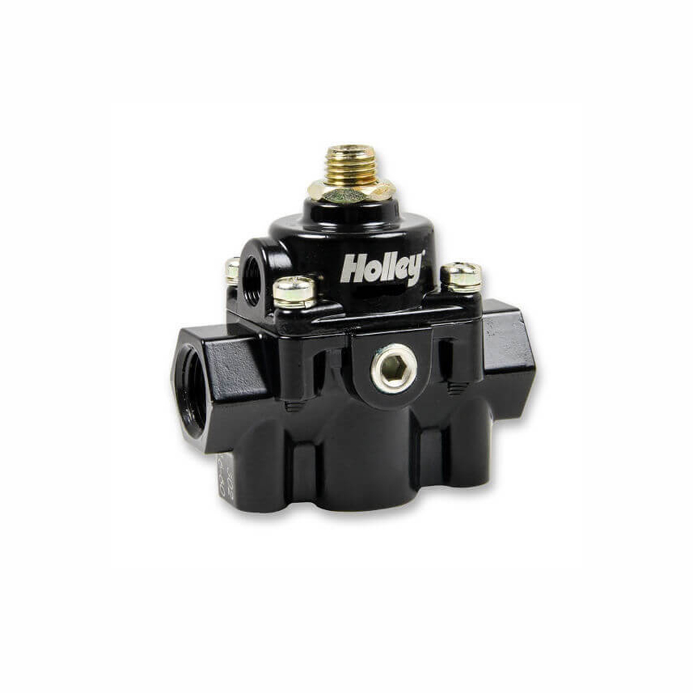 Holley 12-887 Fuel Pressure Regulator, Die Cast, 4-1/2 to 9 psi, In-Line, 3/8 in NPT Inlet, 3/8 in NPT Outlet, 3/8 in Return, 1/8 in NPT Gauge Port, Bypass, Aluminum, Black Anodized, Gas, Each