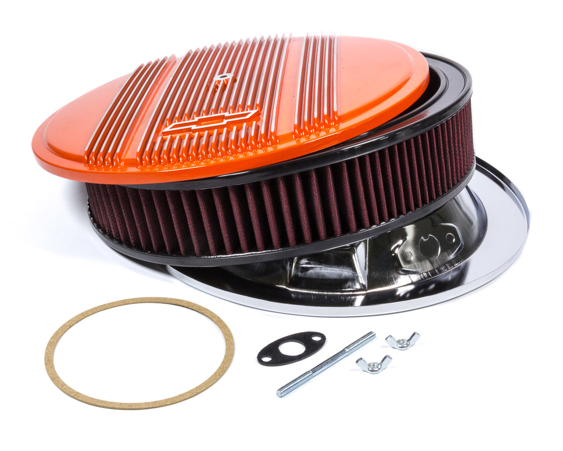 Holley 120-176 Air Cleaner Assembly, Vintage, 14 in Round, 3 in Tall, 5-1/8 in Carb Flange, Drop Base, Finned Bowtie Logo, Washable Filter, Aluminum, Orange Powder Coat, Each