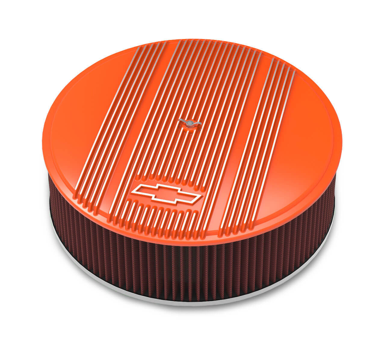 Holley 120-177 Air Cleaner Assembly, Vintage, 14 in Round, 4 in Tall, 5-1/8 in Carb Flange, Drop Base, Finned Bowtie Logo, Washable Filter, Aluminum, Orange Powder Coat, Each