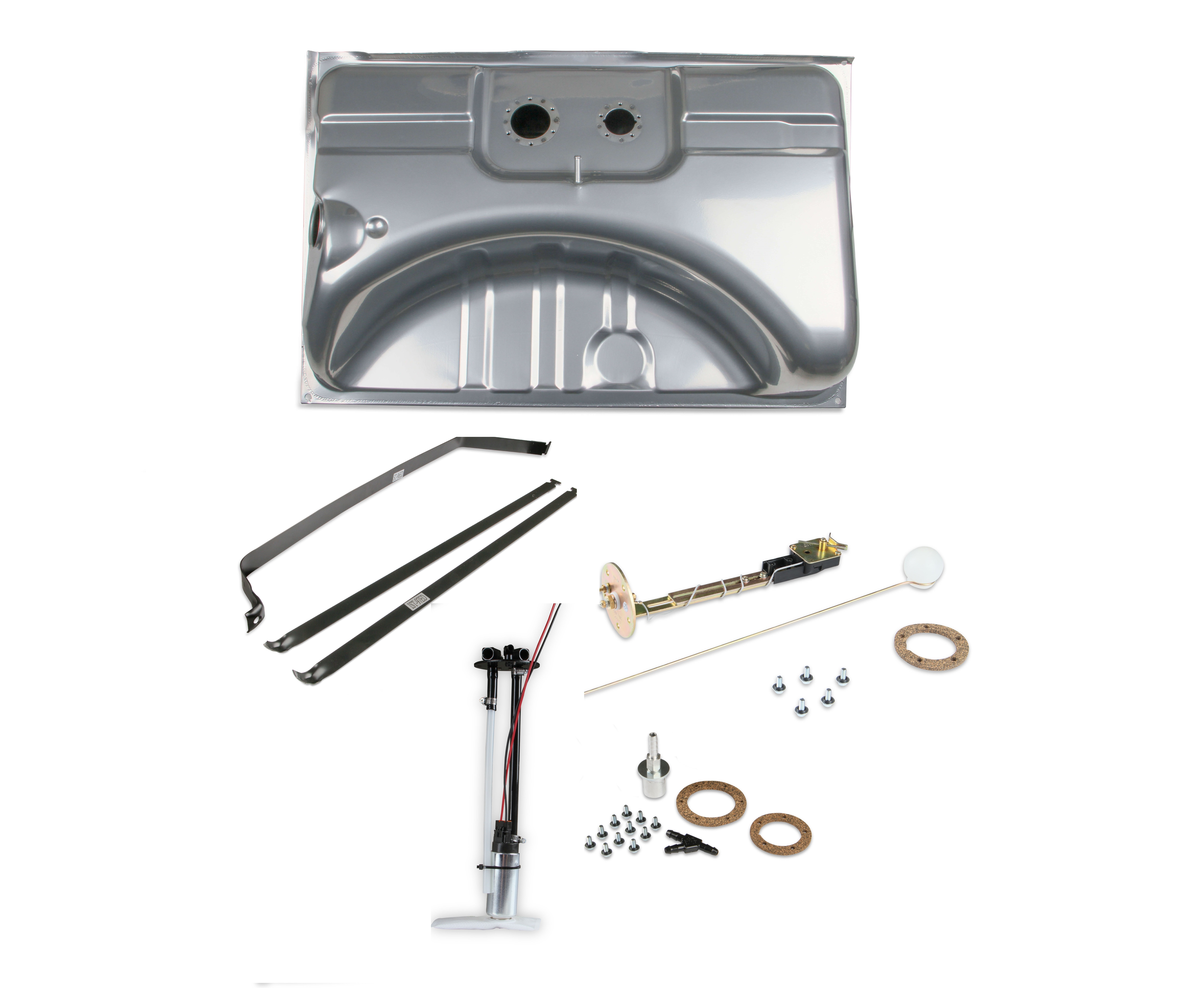 Fuel Tank - Sniper EFI - 16 gal - 255 lph Pump - 1/4 in NPT Outlet - 1/4 in NPT Return - Sending Unit - Steel - Silver Powder Coat - Dodge Dart 1967-70 / Mopar A-Body 1967-69 - Kit