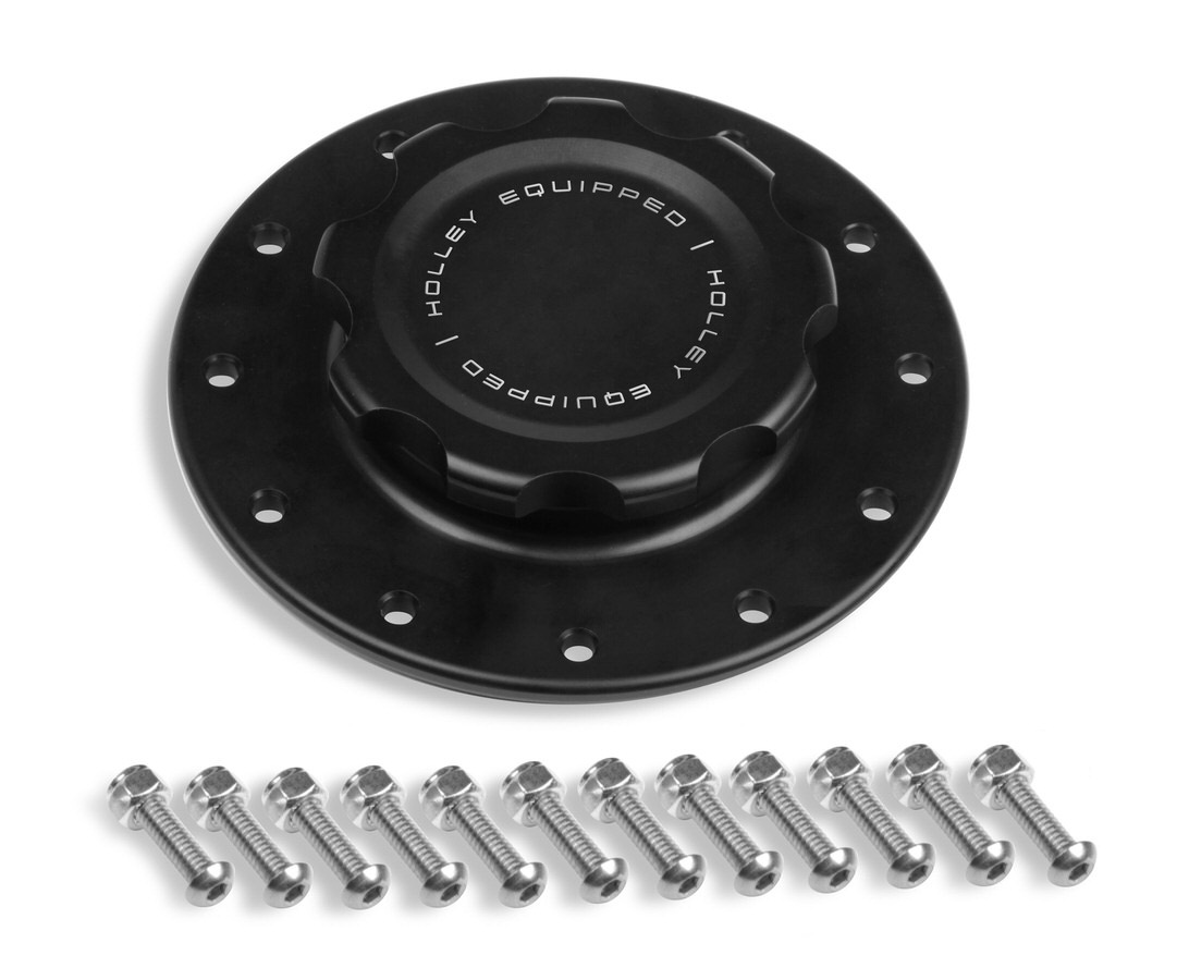 Holley 241-227 - Fuel Cell Filler Cap Assembly, Screw-In, Raised Cell Mount, Hardware Included, 12-Bolt Flange, Aluminum, Black Anodized, Kit