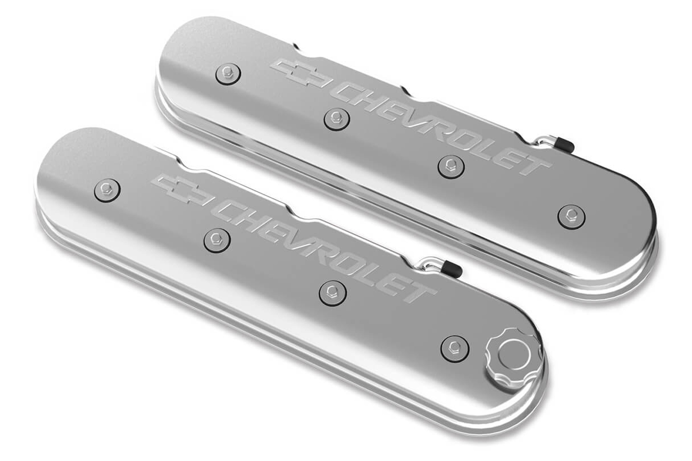 Holley 241-401 Valve Cover, Tall, Baffled, Chevrolet Logo, Aluminum, Polished, GM LS-Series, Pair