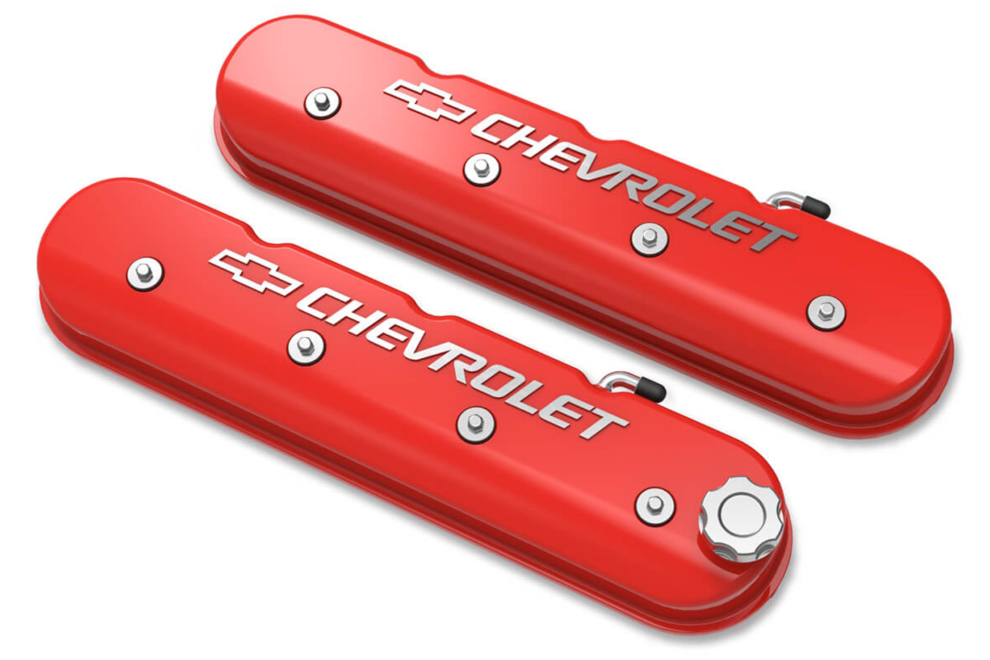 Holley 241-404 Valve Cover, Tall, Baffled, Chevrolet Logo, Aluminum, Red Machined, GM LS-Series, Pair