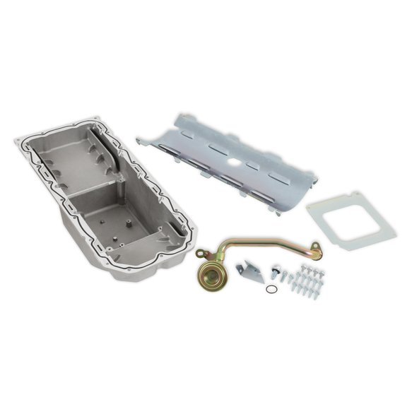 Holley 302-64 Engine Oil Pan, Center Sump, 6 qt, Baffle / Pick-Up / Tray, Aluminum, Natural, GM LS-Series, Kit