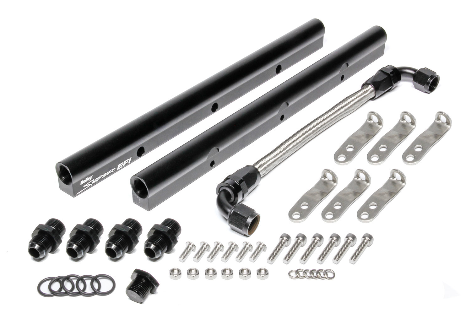 Holley 850001 Fuel Rail, Sniper EFI, 8 AN Female O-Ring Inlets, 8 AN Female O-Ring Outlets, Aluminum, Black Anodized, Hardware Included, Holley LS1 / LS2 / LS6 Intakes, GM LS-Series, Kit