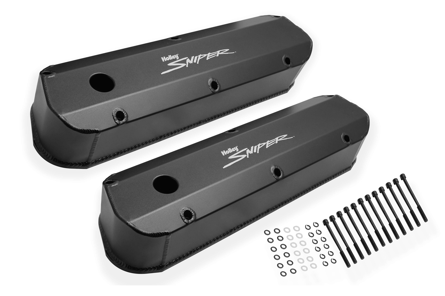 Holley 890012B Valve Cover, Sniper, Tall, Baffled, Breather Holes, Sniper Logo, Fabricated Aluminum, Black, Small Block Ford, Pair