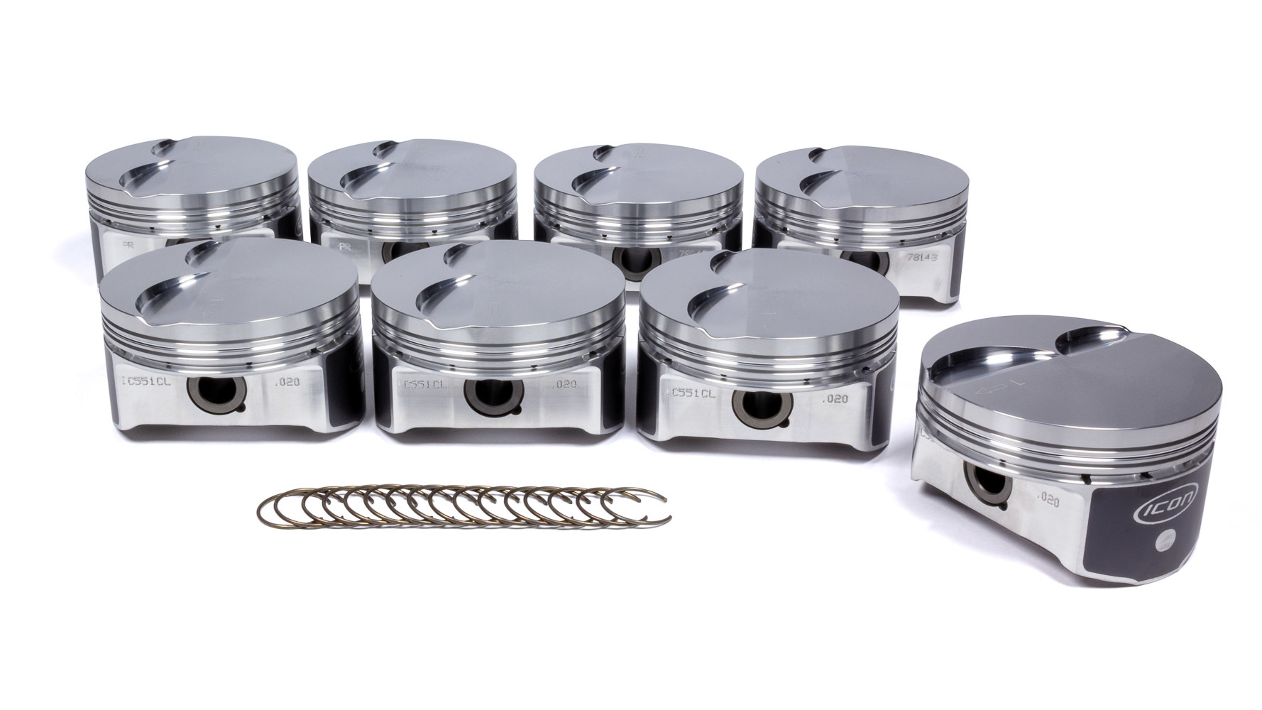 Icon Pistons IC551C.020 Piston, Premium Forged, Forged, 4.020 in Bore, 1.2 x 1.2 x 3.0 mm Ring Groove, Minus 4.00 cc, GM LS-Series, Set of 8