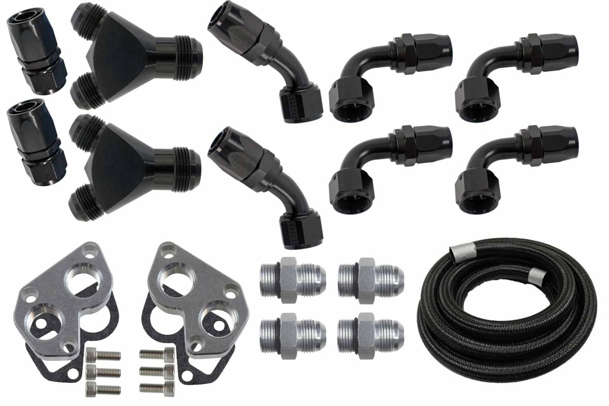 ICT Billet 551050-RMTWP Water Pump Plumbing Kit, Water Pump Spacer / Gaskets / Nylon Braided Hose / Fittings / Hardware Included, 12 AN Ports, 16 AN Male Inlet and Outlet, Aluminum, Natural Anodized, GM LS-Series, Kit