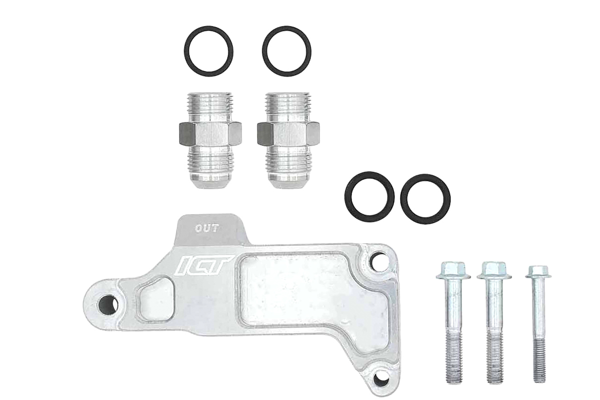 ICT Billet 551350-FS01 Oil Filter Adapter, Bypass, Bolt-On, 10 AN Female Inlet, 10 AN Female Outlet, O-Rings / Fittings / Hardware Included, Billet Aluminum, Natural Anodized, GM LS-Series, Kit