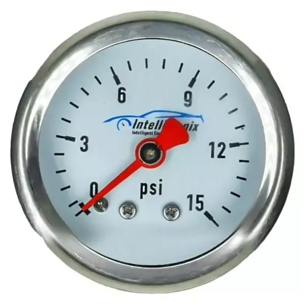 Intellitronix AFP01 Fuel Pressure Gauge, 0-15 psi, Mechanical, Analog, Full Sweep, 1-1/2 in Diameter, White Face, Each