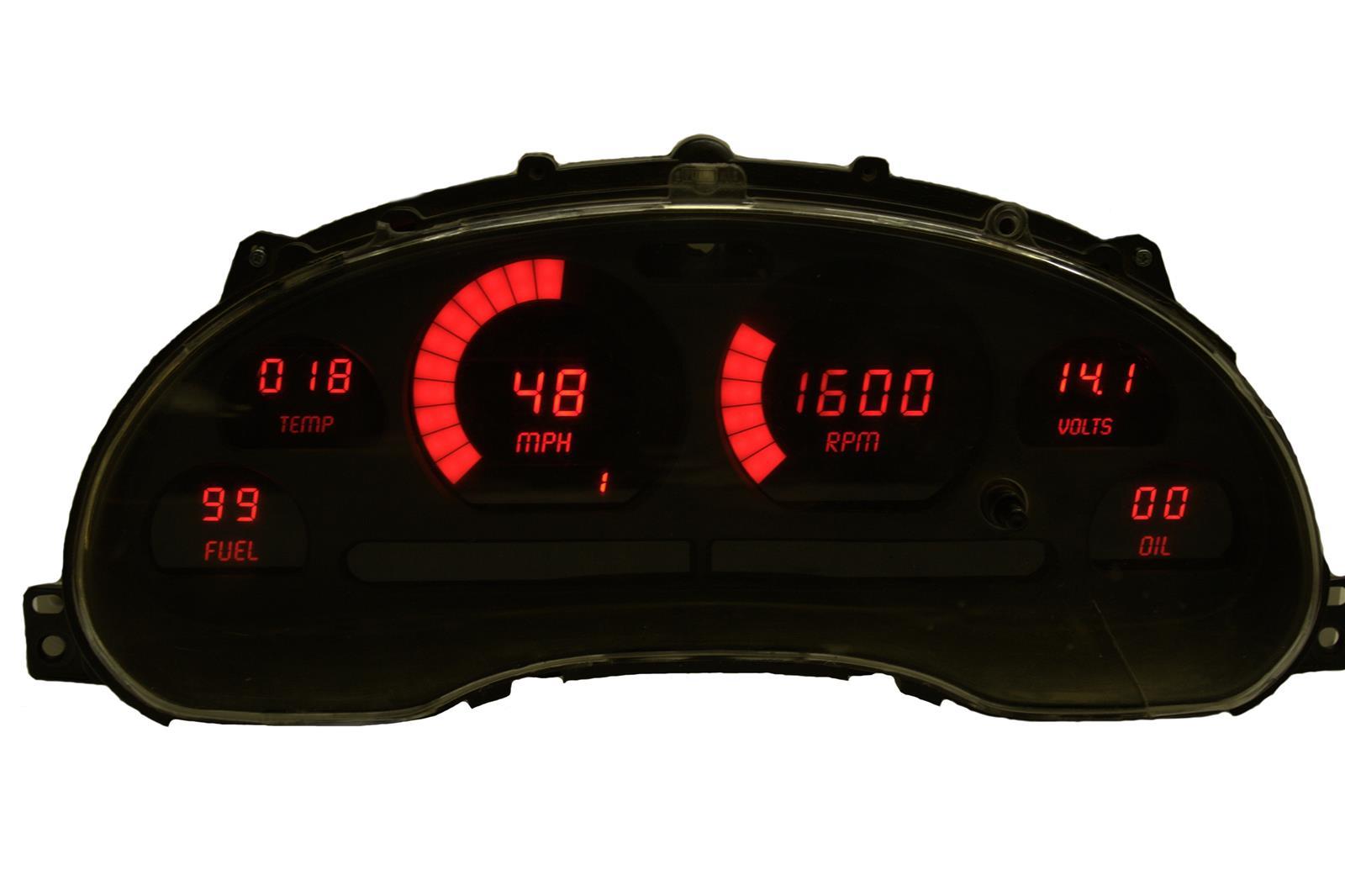 Intellitronix DP7009R Digital Gauge Cluster, LED, Digital Gauges, Speedometer / Tachometer / Voltmeter / Oil Pressure / Water Temperature / Fuel Level, Red LED, Plastic, Black, Ford Mustang 1994-2004, Kit