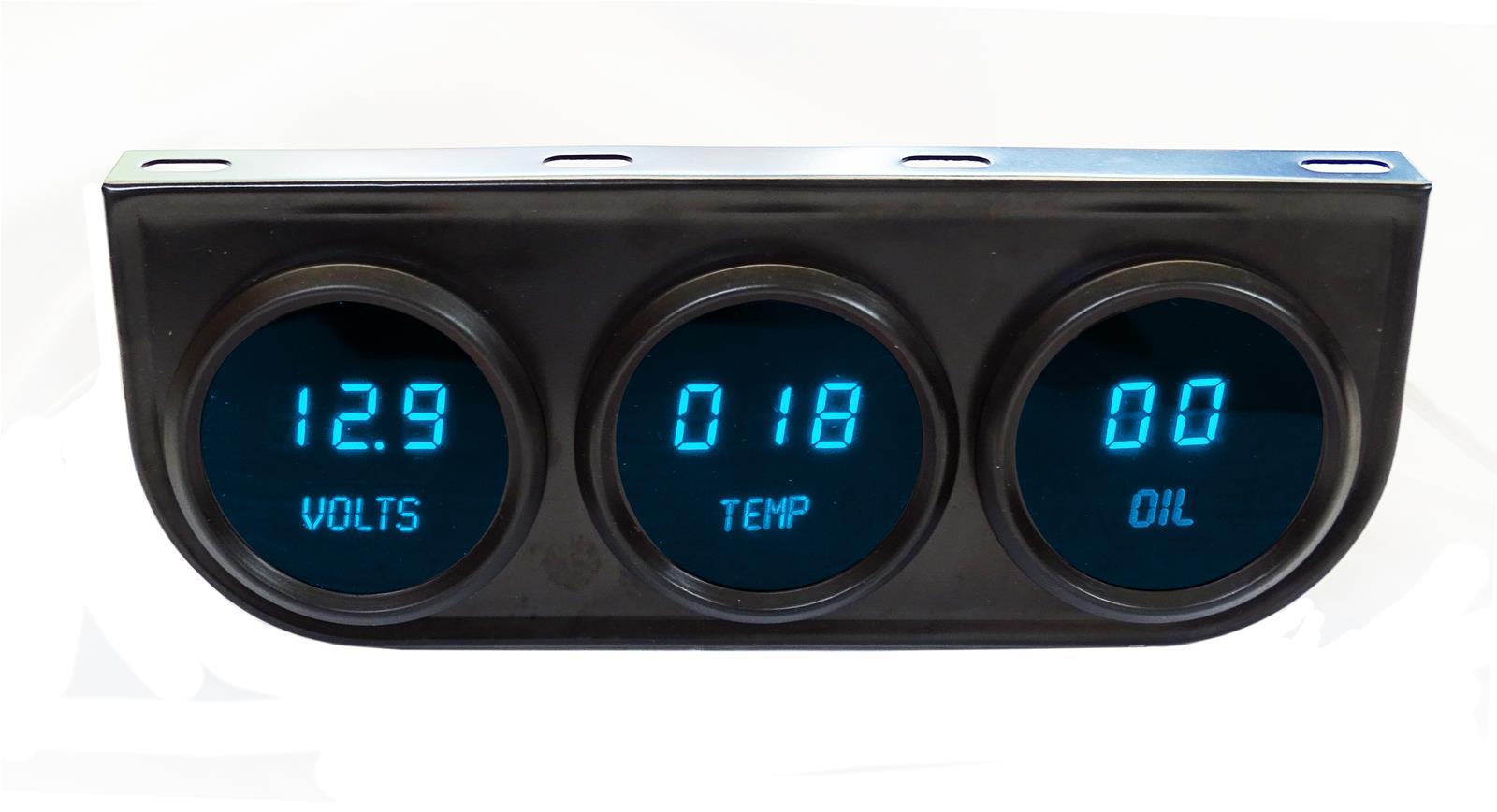 Intellitronix M9333B Gauge Panel Assembly, Digital, 2-1/16 in Diameter Gauges, Voltmeter / Water Temperature / Oil Pressure, Black Face, Blue LED, Kit