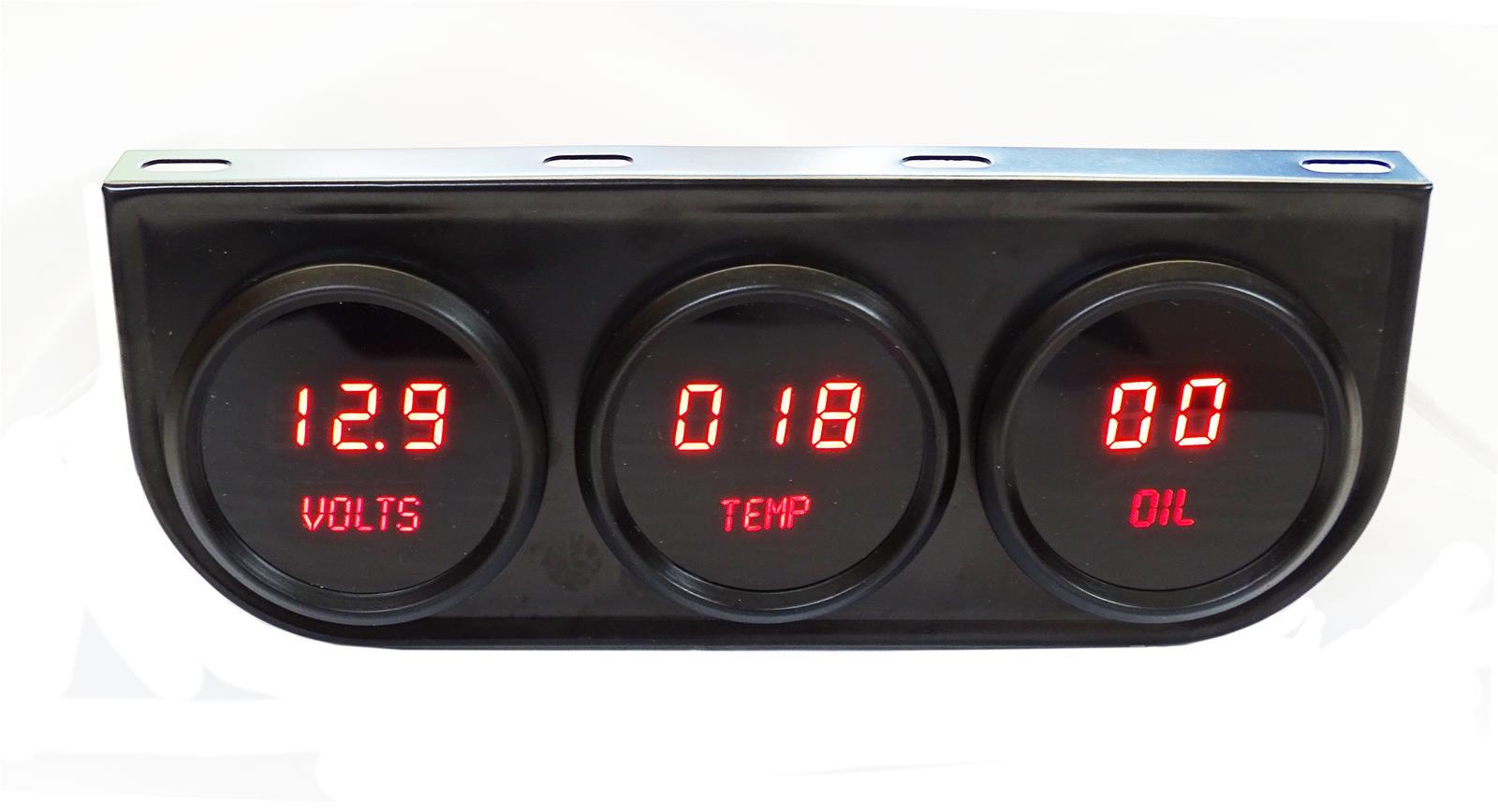 Intellitronix M9333R Gauge Panel Assembly, Digital, 2-1/16 in Diameter Gauges, Voltmeter / Water Temperature / Oil Pressure, Black Face, Red LED, Kit