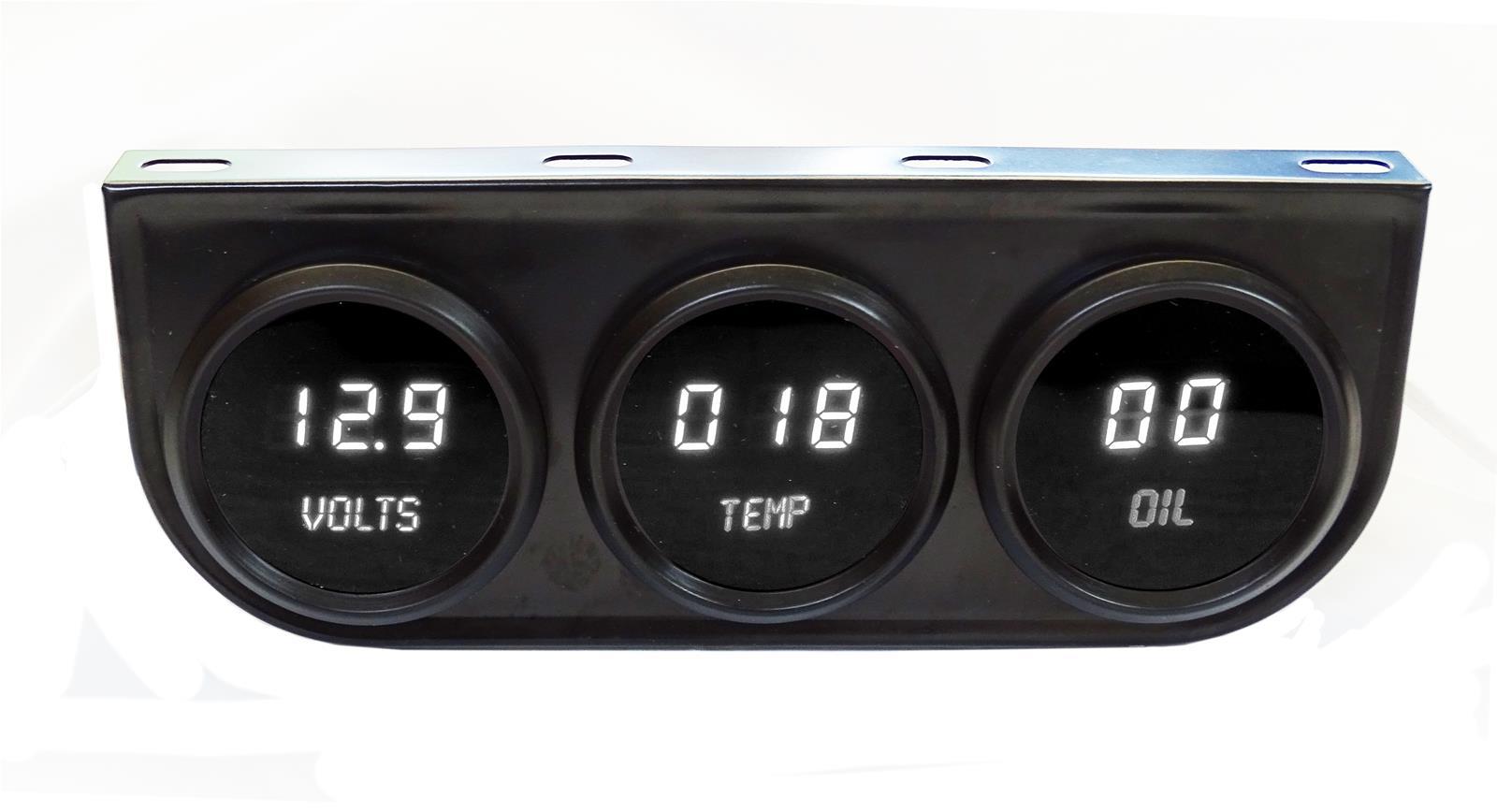 Intellitronix M9333W Gauge Panel Assembly, Digital, 2-1/16 in Diameter Gauges, Voltmeter / Water Temperature / Oil Pressure, Black Face, White LED, Kit