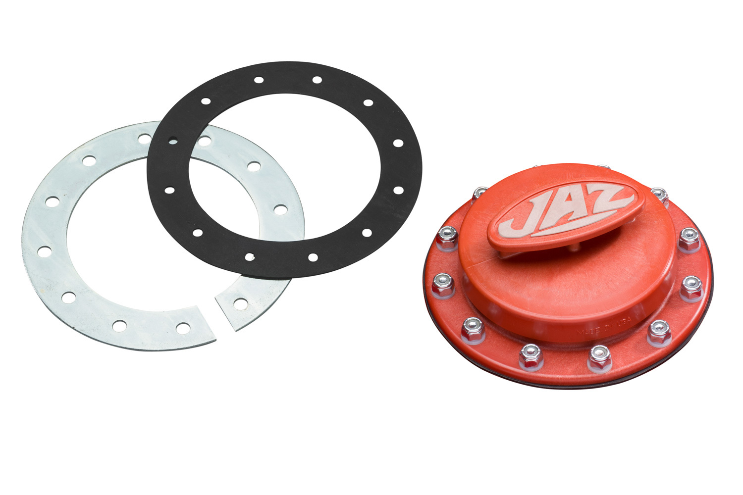 JAZ Products 350-301-06 Fuel Cell Filler Cap, Twist Lock, 4 in OD, T-Handle, Flat Mount, 12-Bolt Flange / Gasket, Steel / Plastic, Red / Zinc Oxide, Kit