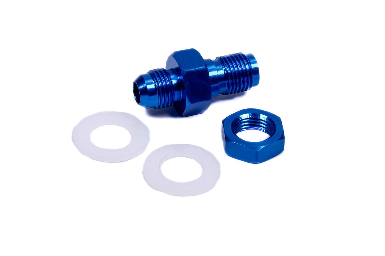 JAZ Products 832-106-11 Fitting, Bulkhead, Straight, 6 AN Male to 6 AN Male Bulkhead, PTFE Gaskets Included, Aluminum, Blue Anodized, JAZ Fast Flow Fuel Cells, Each