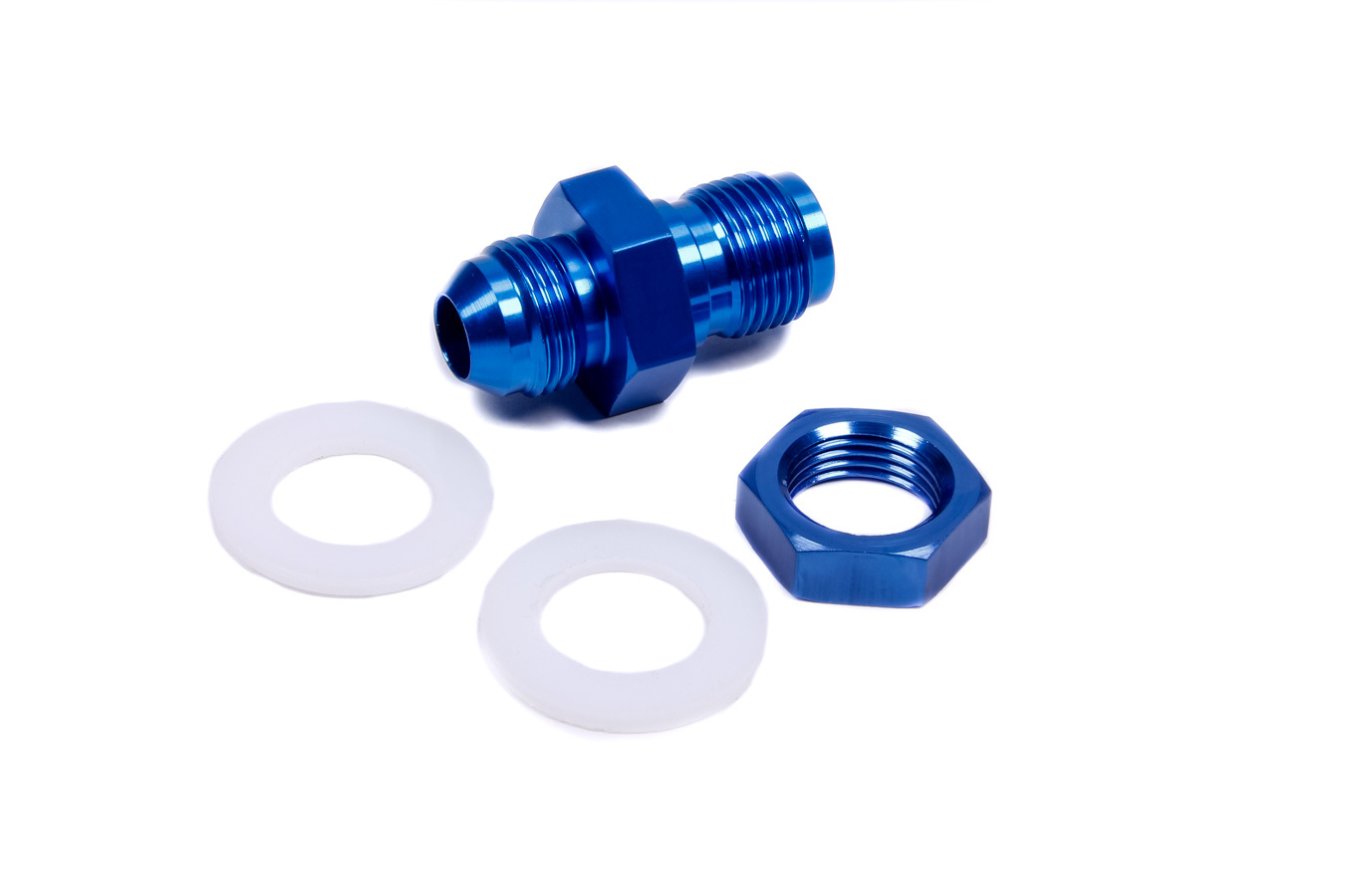 JAZ Products 832-108-11 Fitting, Bulkhead, Straight, 8 AN Male to 8 AN Male Bulkhead, PTFE Gaskets Included, Aluminum, Blue Anodized, JAZ Fast Flow Fuel Cells, Each