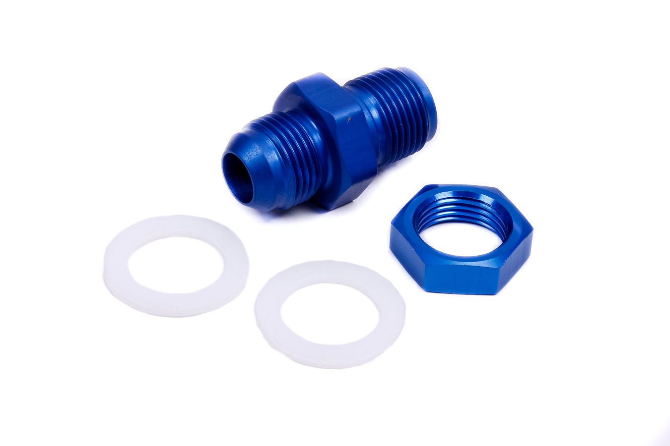 JAZ Products 832-110-11 Fitting, Bulkhead, Straight, 10 AN Male to 10 AN Male Bulkhead, PTFE Gaskets Included, Aluminum, Blue Anodized, JAZ Fast Flow Fuel Cells, Each