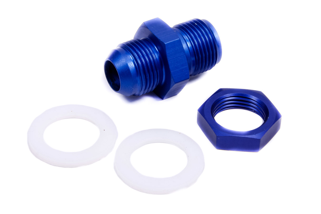 JAZ Products 832-112-11 Fitting, Bulkhead, Straight, 12 AN Male to 12 AN Male Bulkhead, PTFE Gaskets Included, Aluminum, Blue Anodized, JAZ Fast Flow Fuel Cells, Each