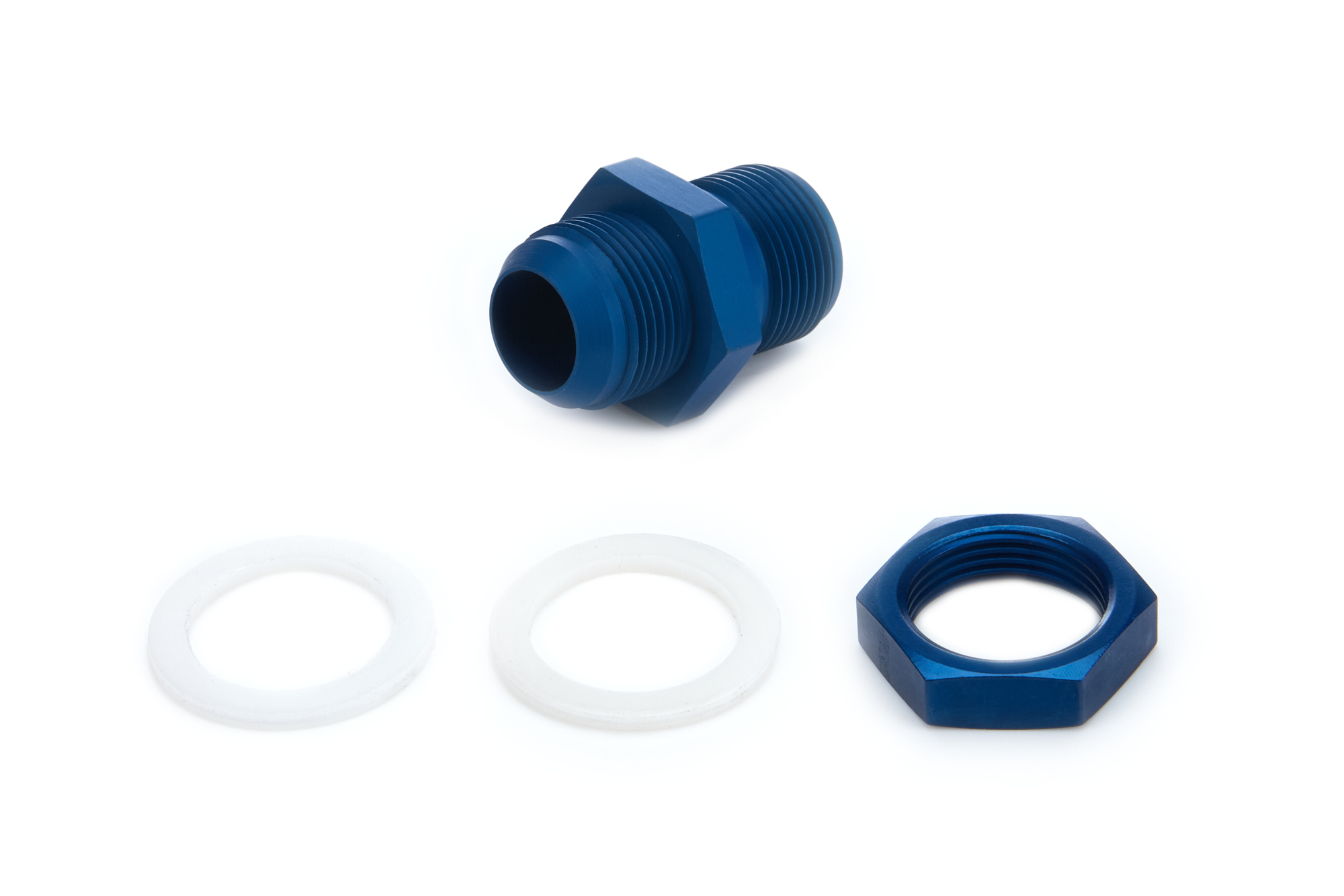 JAZ Products 832-116-11 Fitting, Bulkhead, Straight, 16 AN Male to 16 AN Male Bulkhead, PTFE Gaskets Included, Aluminum, Blue Anodized, JAZ Fast Flow Fuel Cells, Each