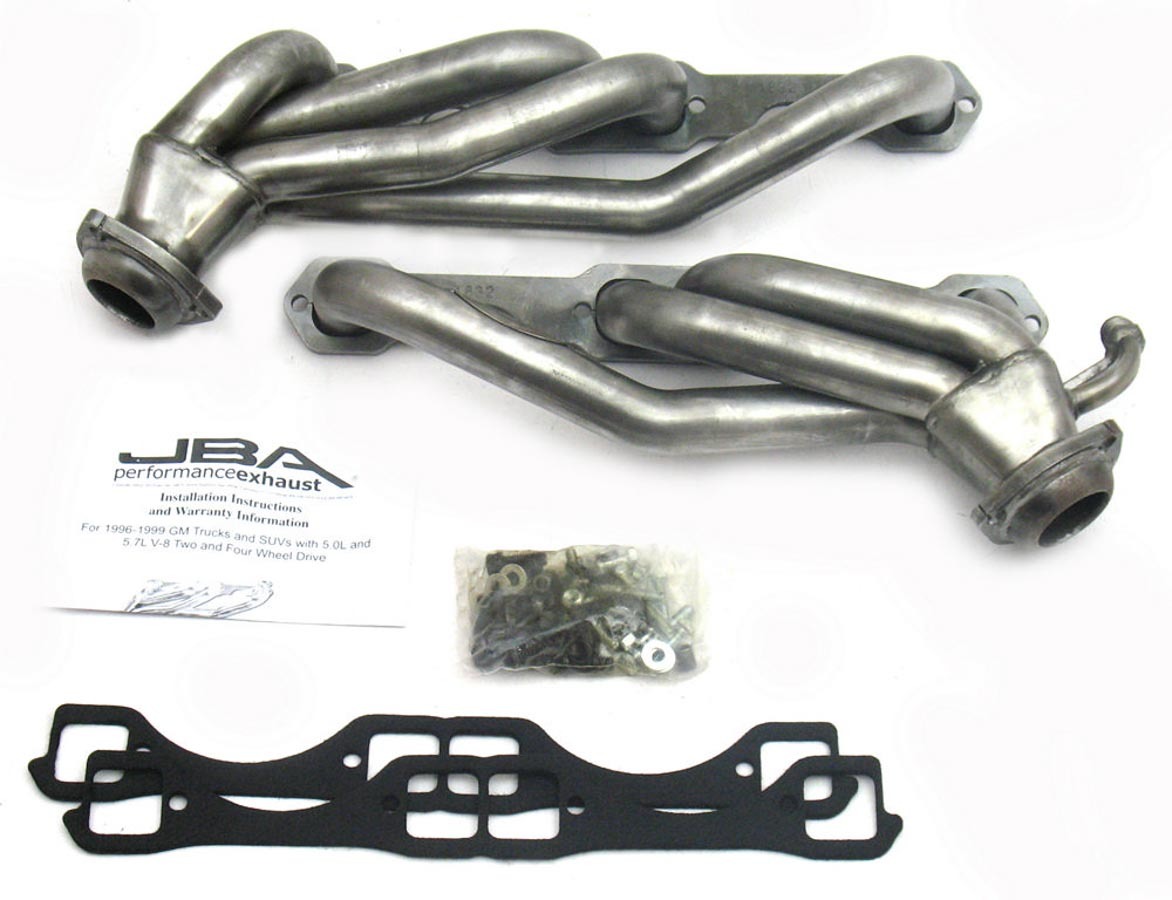 JBA Exhaust 1832S Headers, Cat4ward, 1-1/2 in Primary, 2-1/2 in Collector, Stainless, Natural, Small Block Chevy, GM Fullsize SUV / Truck 1996-2000, Pair