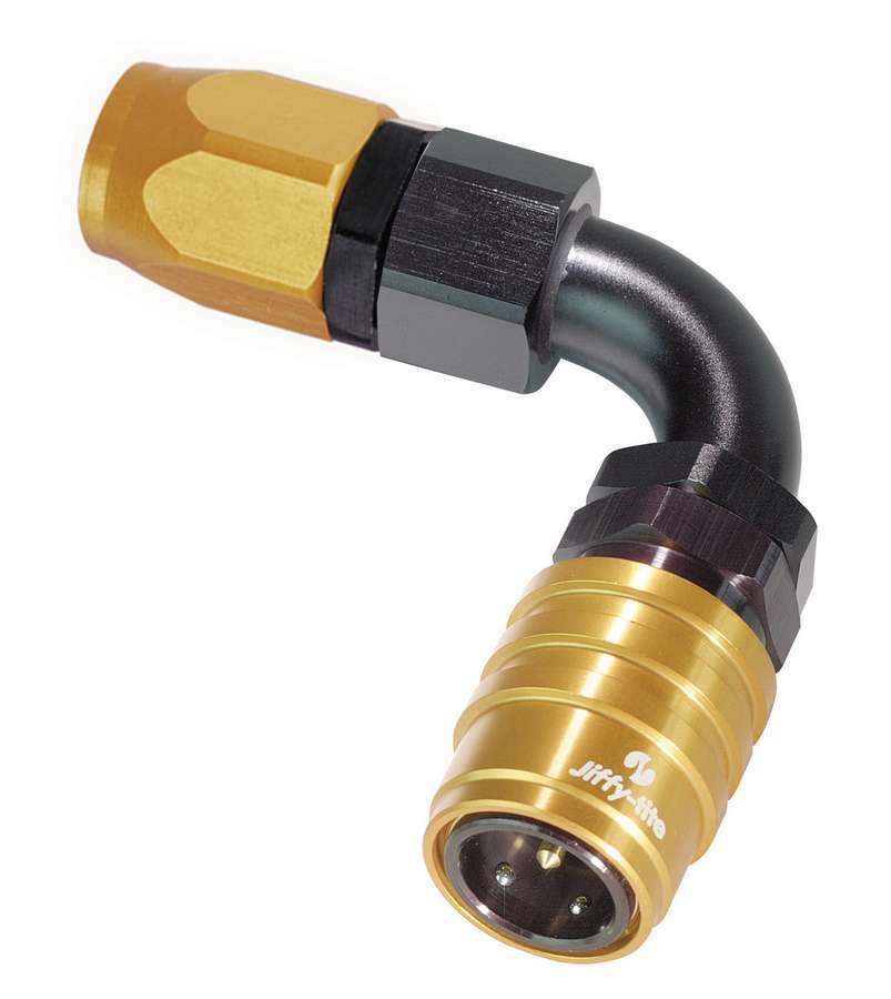 Jiffy Tite 21606E Quick Release Hose End, 2000 Series, 90 Degree, 6 AN Hose to Quick Release Socket, Valved, FKM Seal, Aluminum, Black / Gold Anodized, Each