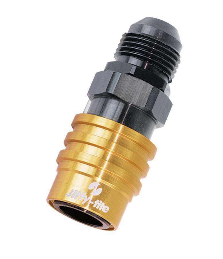 Jiffy Tite 51408 Quick Release Adapter, 5000 Series, Straight, 8 AN Male to Quick Release Socket, Valved, FKM Seal, Aluminum, Black / Gold Anodized, Each