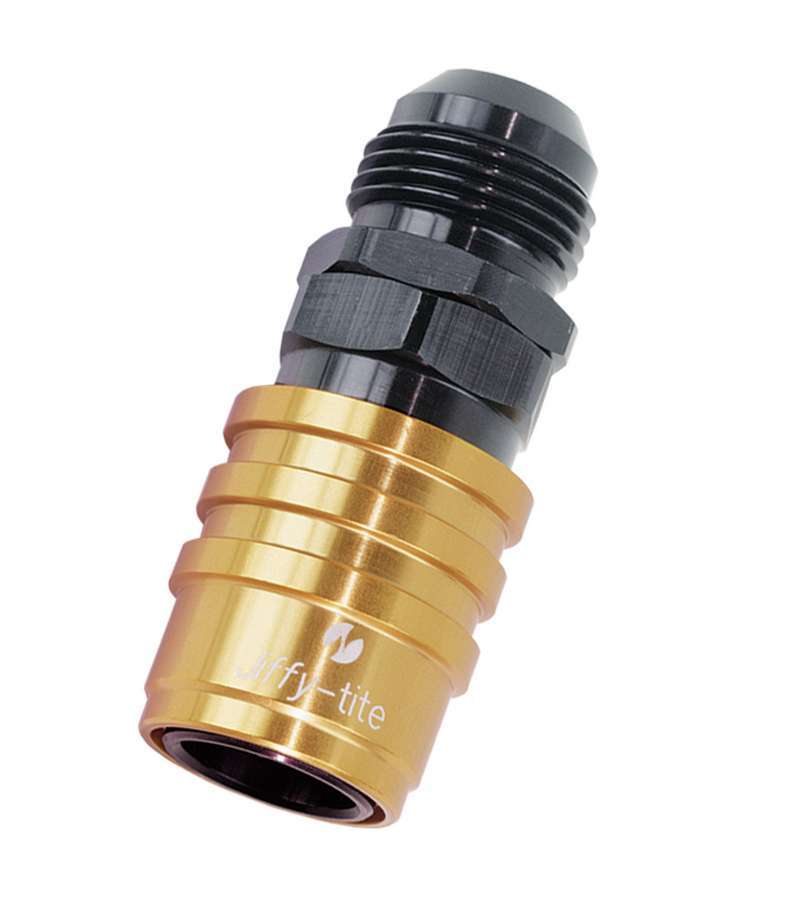 Jiffy Tite 51410 Quick Release Adapter, 5000 Series, Straight, 10 AN Male to Quick Release Socket, Valved, FKM Seal, Aluminum, Black / Gold Anodized, Each