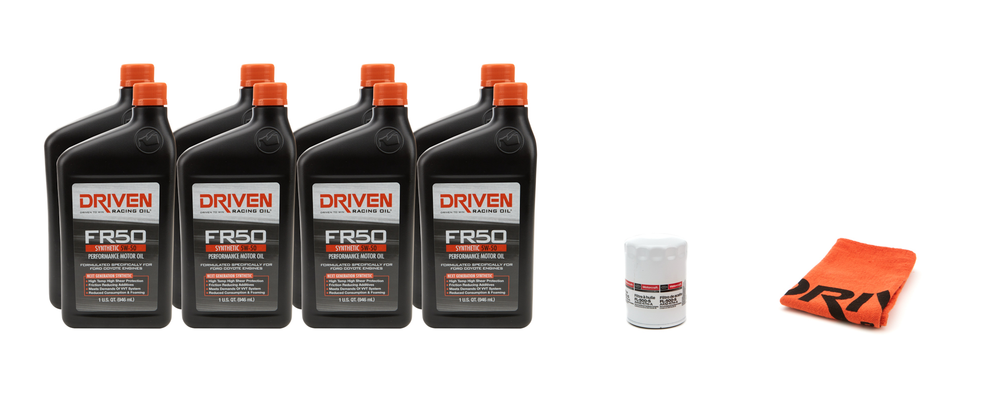 Motor Oil - FR50 - 5W50 - Synthetic - Oil Filter Included - Eight 1 qt Bottles - Ford Coyote 2012-13 - Kit