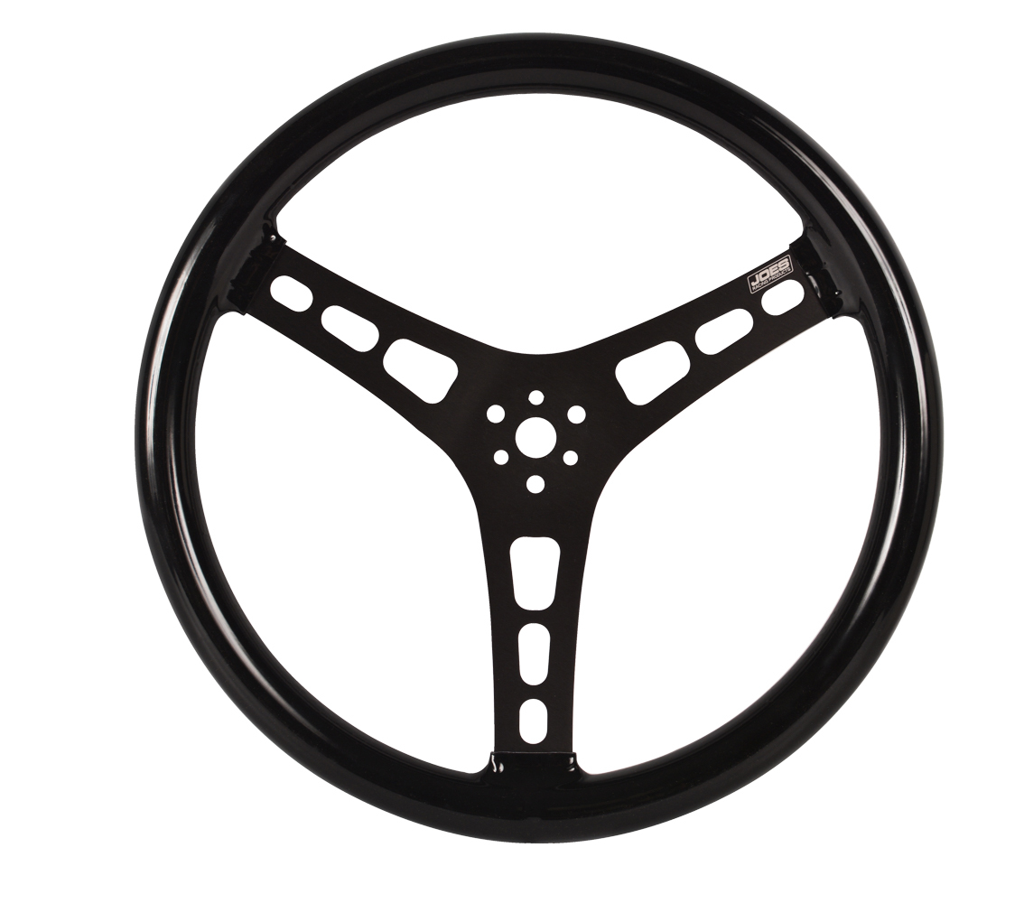 Joes Racing Products 13515-CB Steering Wheel, Lightweight, 15 in Diameter, 2-1/2 in Dish, 3-Spoke, Black Rubber Coated Grip, Aluminum, Black Anodized, Each