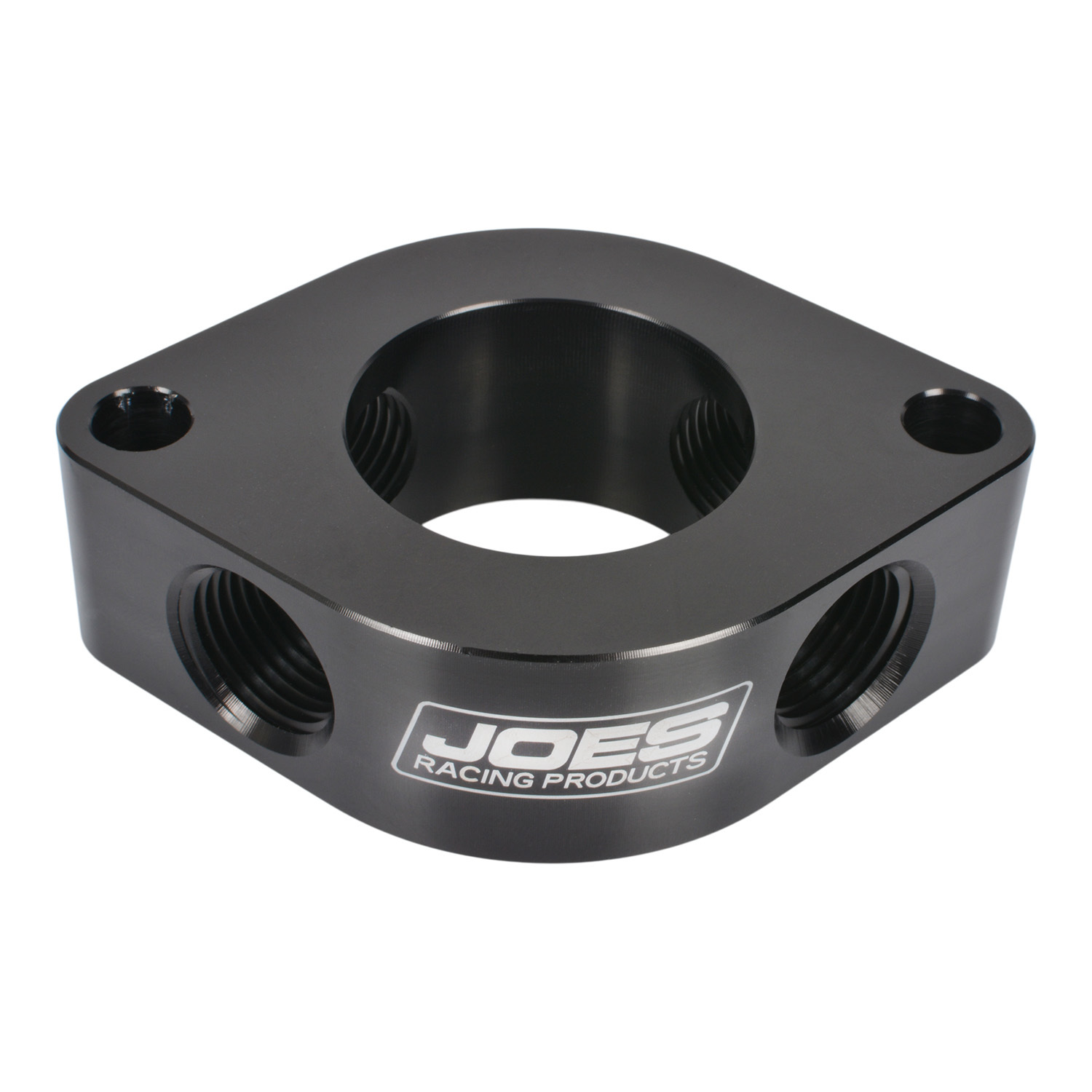 Joes Racing Products 36025-V2 Water Neck Spacer, 1-1/8 in Thick, Four 1/2 in NPT Female Ports, O-Ring, Aluminum, Black Anodized, Chevy V8, Each