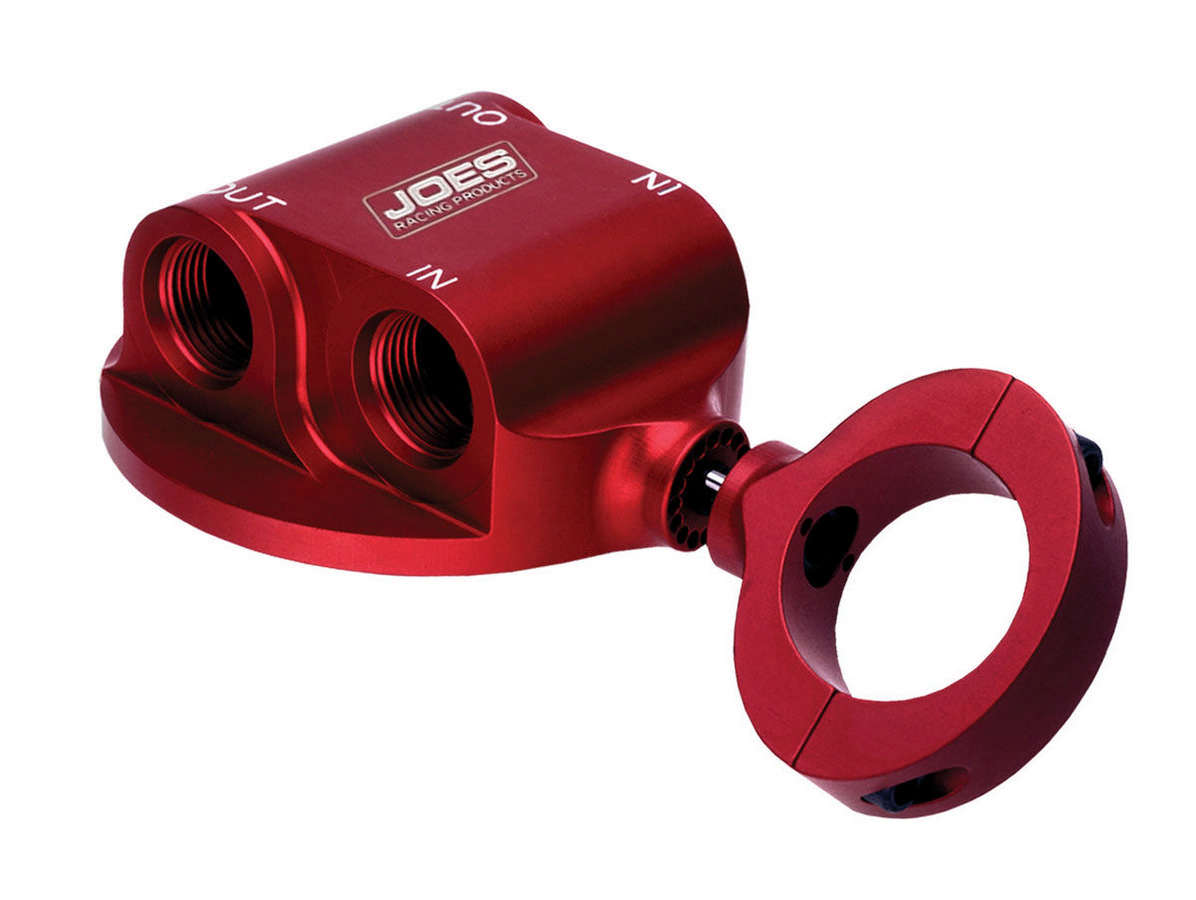 Joes Racing Products 42514 Oil Filter Mount, Clamp-On, 1/2 in NPT Ports, 13/16-16 in Center Thread, Aluminum, Red Anodized, 1-3/4 in Tube, HP4 Filters, Each