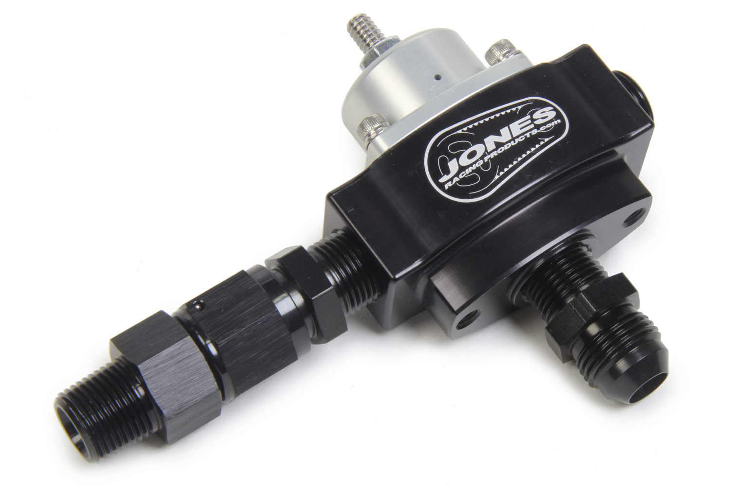 Jones Racing Products FP-8009-R2 Fuel Pressure Regulator, HP Billet, 4.5 to 9 psi, In-Line, 3/8 in NPT Inlet, 3/8 in NPT Outlet, 3/8 in NPT Bypass, 1/8 in NPT Port, Aluminum, Black Anodized, E85 / Gas / Methanol, Each