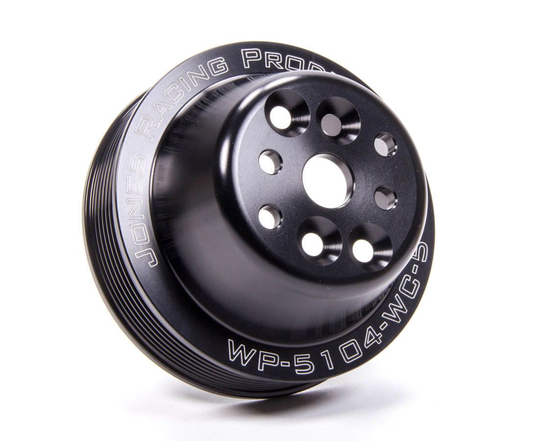 Jones Racing Products WP-5104-WC-5 Water Pump Pulley, Serpentine, 7-Rib, 5.000 in Diameter, 5/8 in or 3/4 in Shaft, 4-Bolt Pattern, Aluminum, Black Anodized, Universal, Each