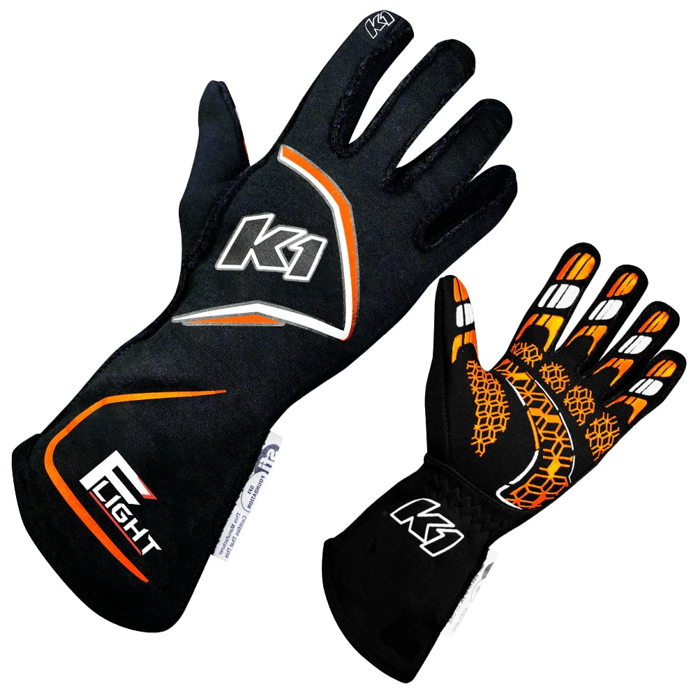 K1 Racegear 23-FLT-NFO-M Driving Gloves, Flight, SFI 3.3/5, FIA Approved, Double Layer, Nomex, Elastic Cuff, Black / Fluorescent Orange, Medium, Pair