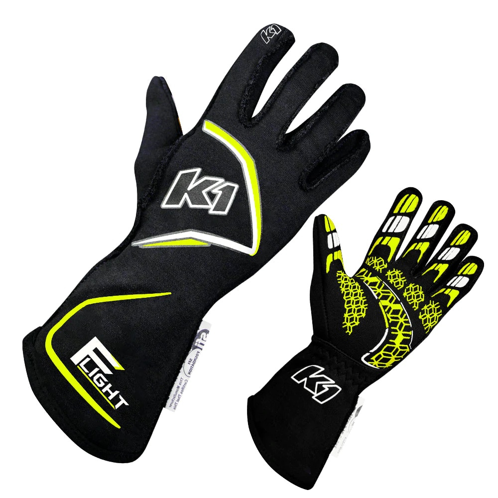 K1 Racegear 23-FLT-NFY-M Driving Gloves, Flight, SFI 3.3/5, FIA Approved, Double Layer, Nomex, Elastic Cuff, Black / Fluorescent Yellow, Medium, Pair