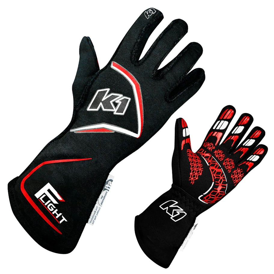 K1 Racegear 23-FLT-NR-L Driving Gloves, Flight, SFI 3.3/5, FIA Approved, Double Layer, Nomex, Elastic Cuff, Black / Red, Large, Pair
