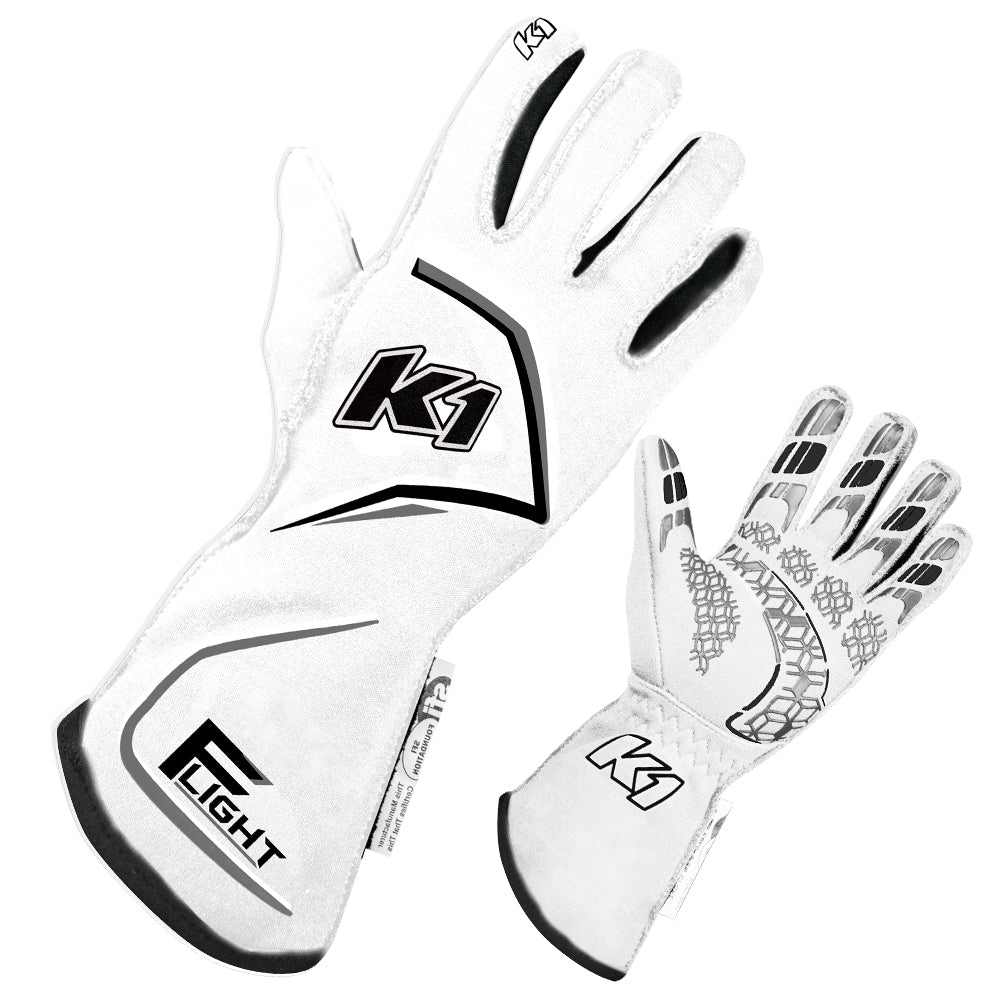 K1 Racegear 23-FLT-WG-L Driving Gloves, Flight, SFI 3.3/5, FIA Approved, Double Layer, Nomex, Elastic Cuff, White, Large, Pair