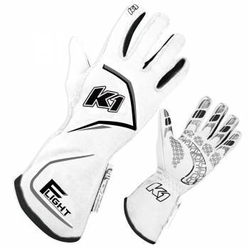 K1 Racegear 23-FLT-WG-XXL Driving Gloves, Flight, SFI 3.3/5, FIA Approved, Double Layer, Nomex, Elastic Cuff, White, 2X-Large, Pair